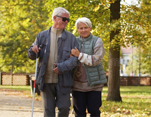 senior couple with canes walking arm in arm in the park